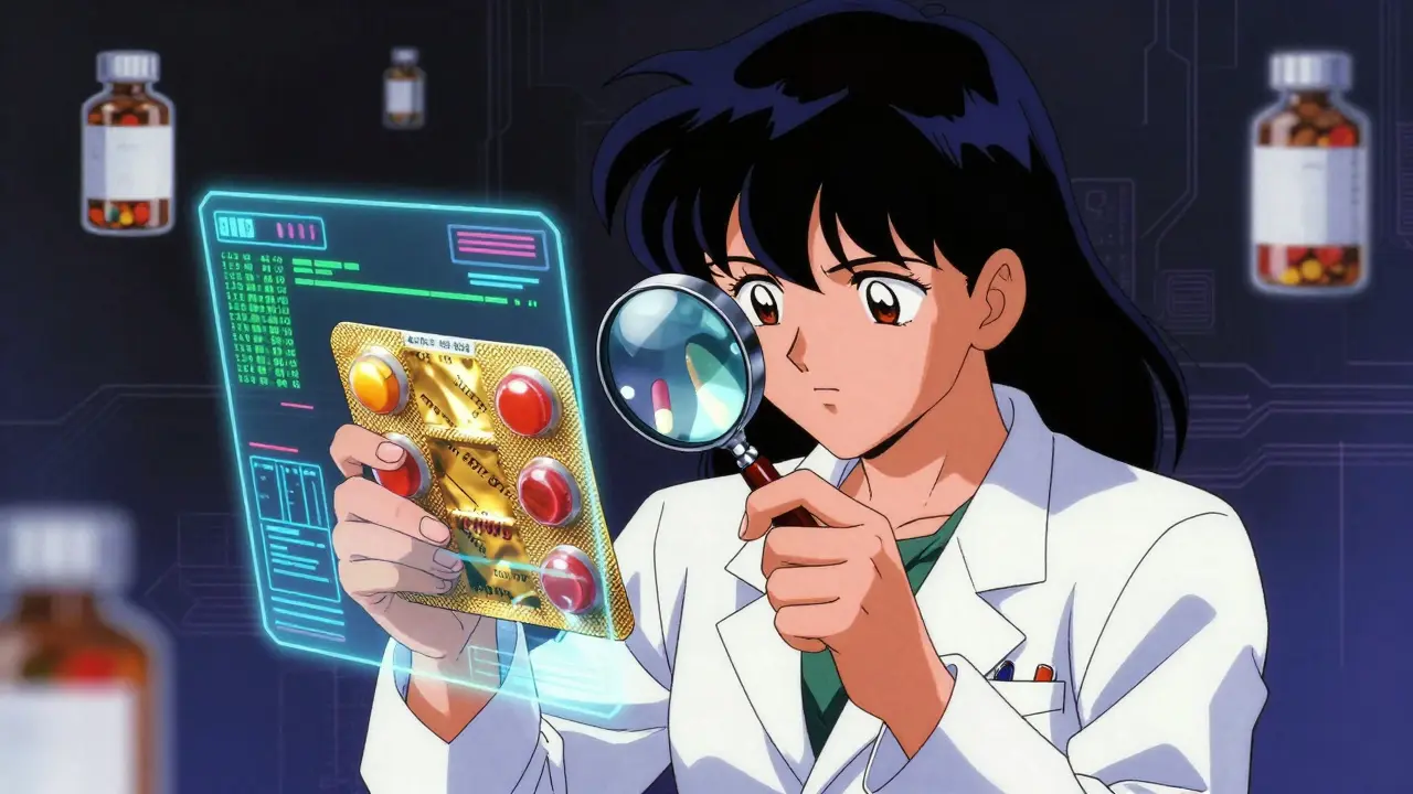 Pharmacist examining hologram and microtext on generic medicine package with magnifying glass.
