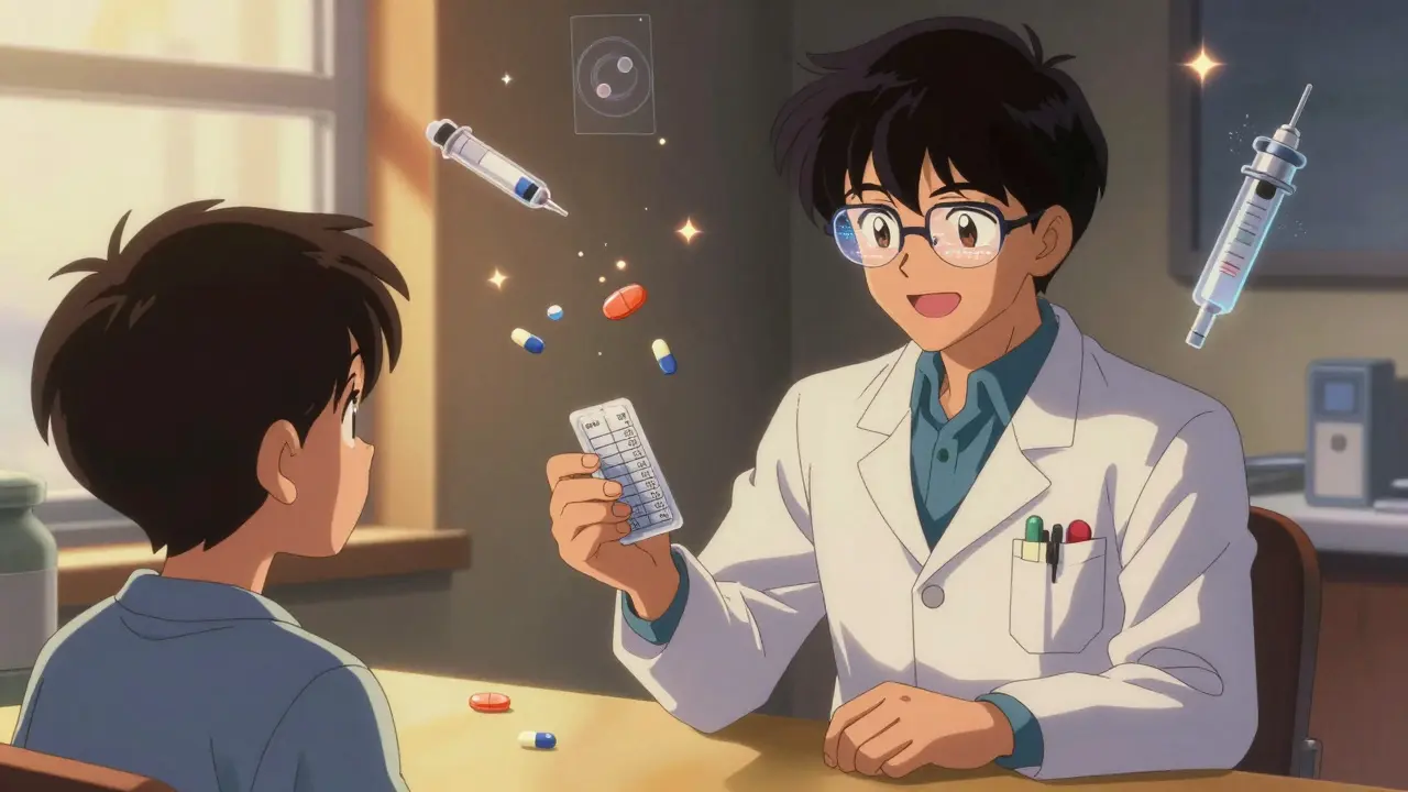 Pharmacist giving labeled blister pack with floating medication icons in warm light