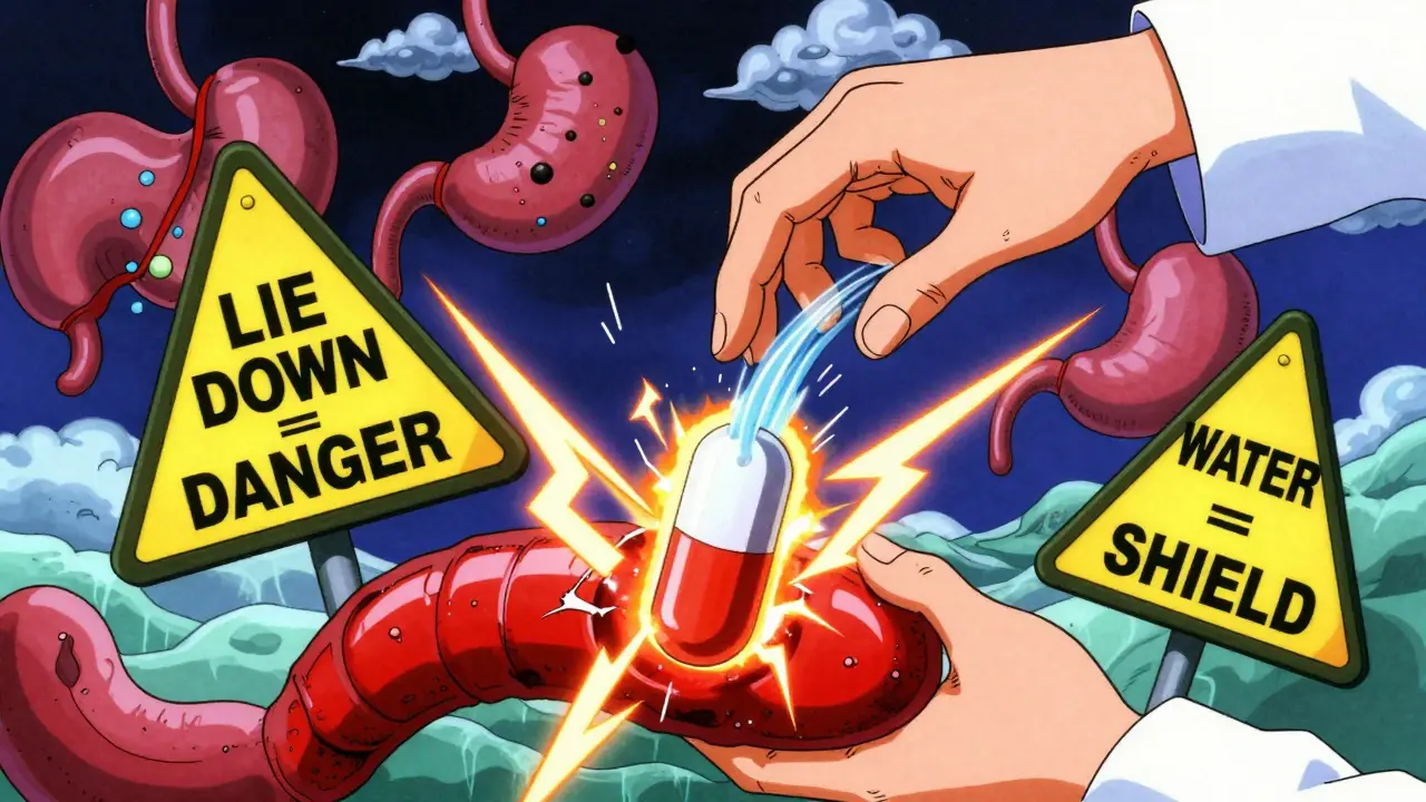 Pill stuck in glowing esophagus with water stream pushing it down, warning signs nearby