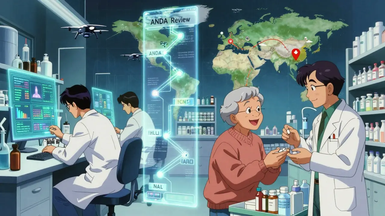 Scientists in a lab and a patient receiving a pill in a pharmacy with a glowing review flowchart