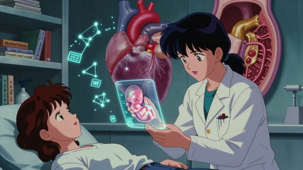 Specialist and patient viewing a holographic fetal development timeline in a neon clinic