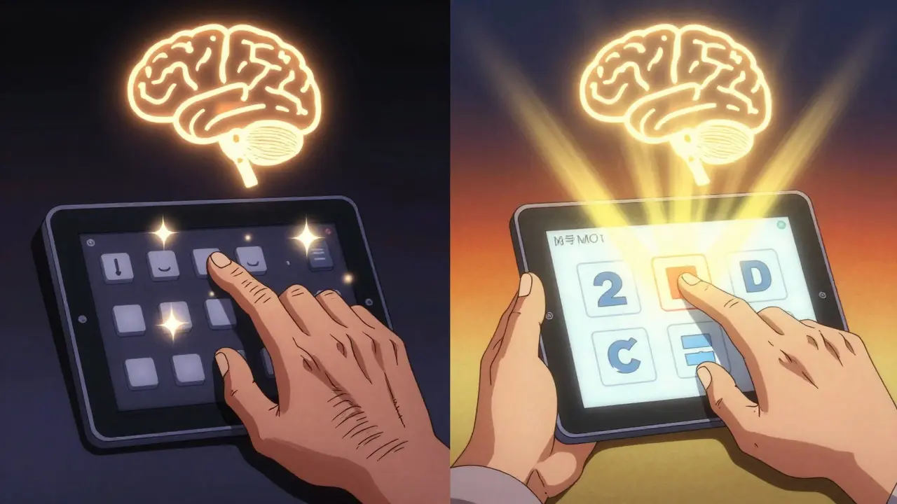 Split scene: frustrated senior struggling with complex tech vs. confidently using simplified digital test.