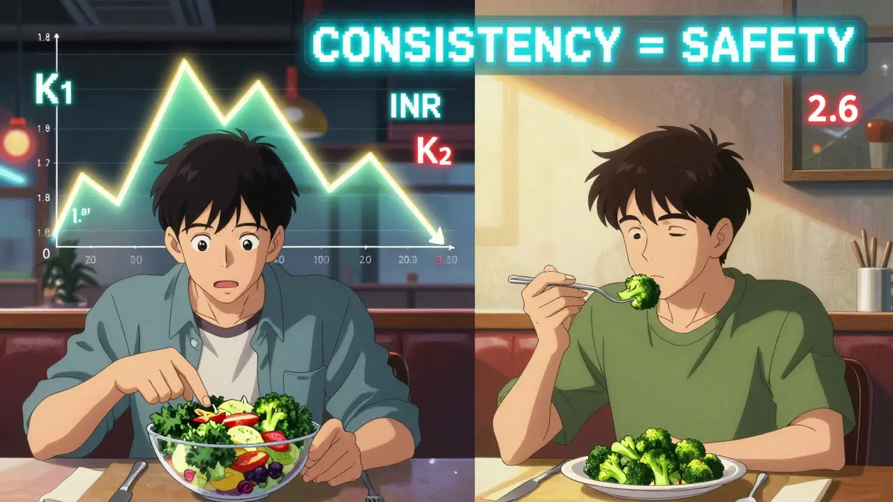 Split scene: one man eating risky kale salad in a restaurant, another eating steady broccoli at home.