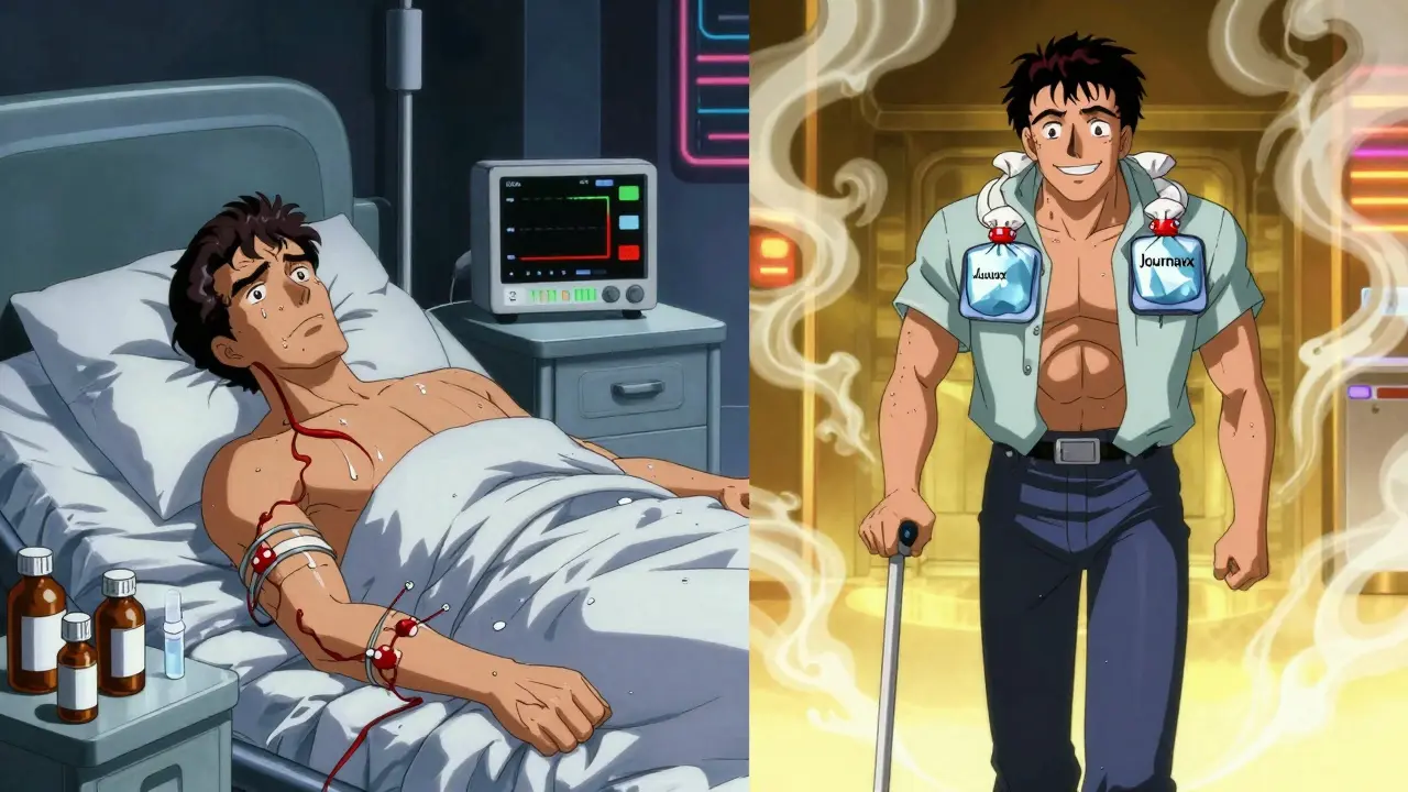 Split scene: opioid user in distress vs. same person healing with non-opioid treatment and warm light.