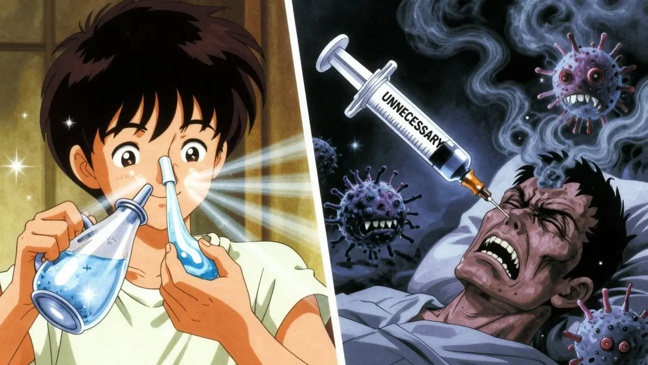 Split-screen: person using neti pot with glowing saline vs. antibiotic syringe feeding resistant bacteria monsters.
