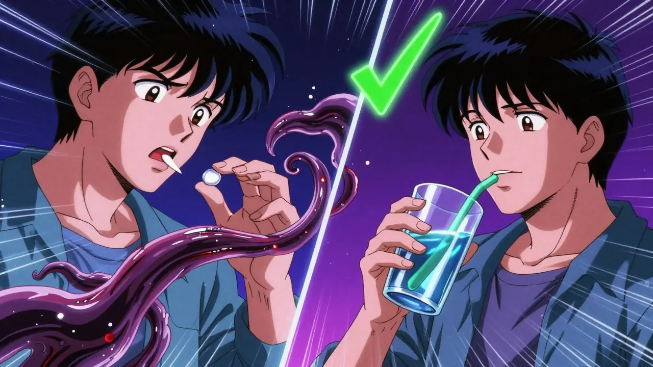 Split-screen scene showing a fiber gel tentacle threatening a lithium pill on one side, and safe separation on the other.