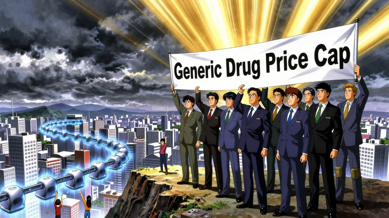 State officials on mountain holding price cap banner as pharmacies and patients below receive glowing pills