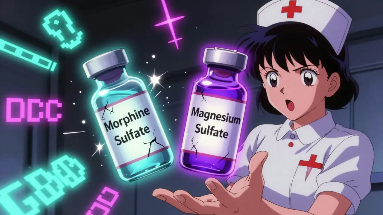 Two dangerous drug vials labeled 'MS' and 'MgSO4' glowing with conflicting auras, one shattering as a nurse reaches out.