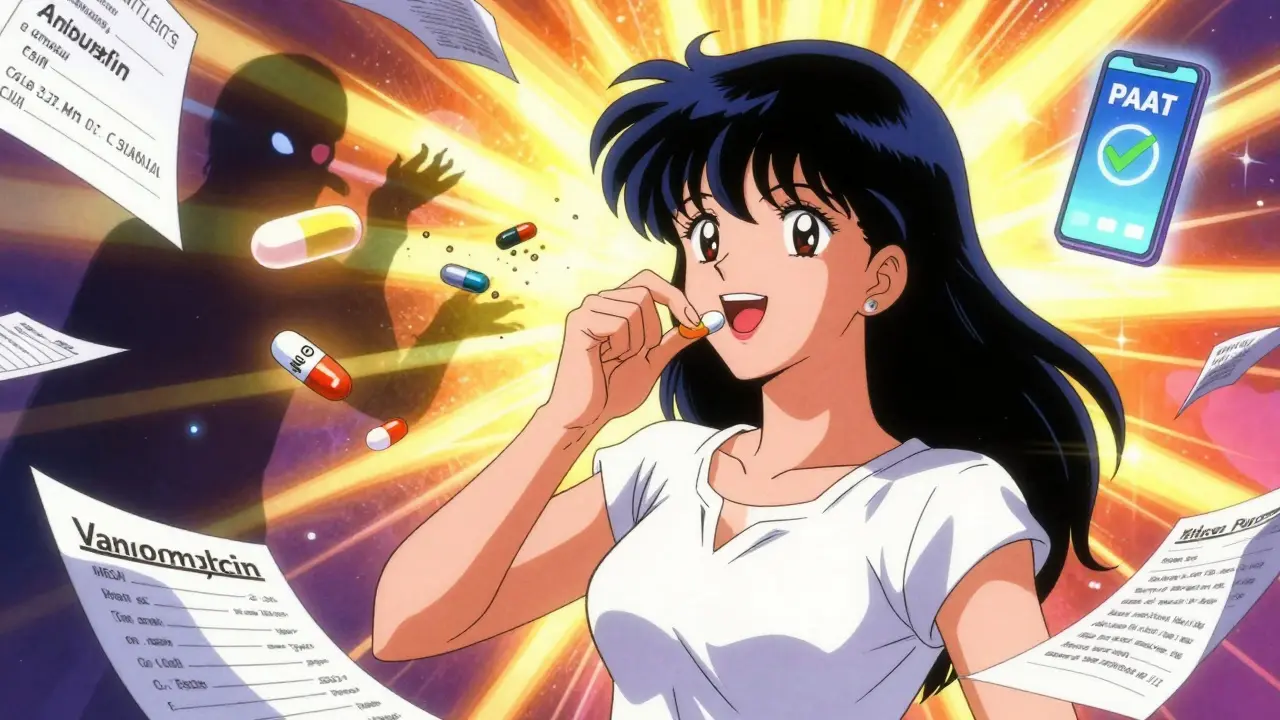 Woman smiling as she takes amoxicillin, with crumbling antibiotic shadows and PAAT app in background.