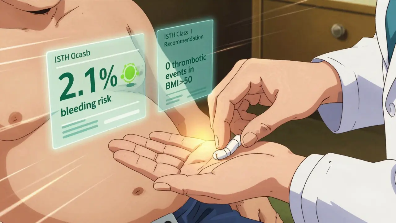 A doctor placing an apixaban tablet into a patient's hand, with floating data panels showing safety statistics.