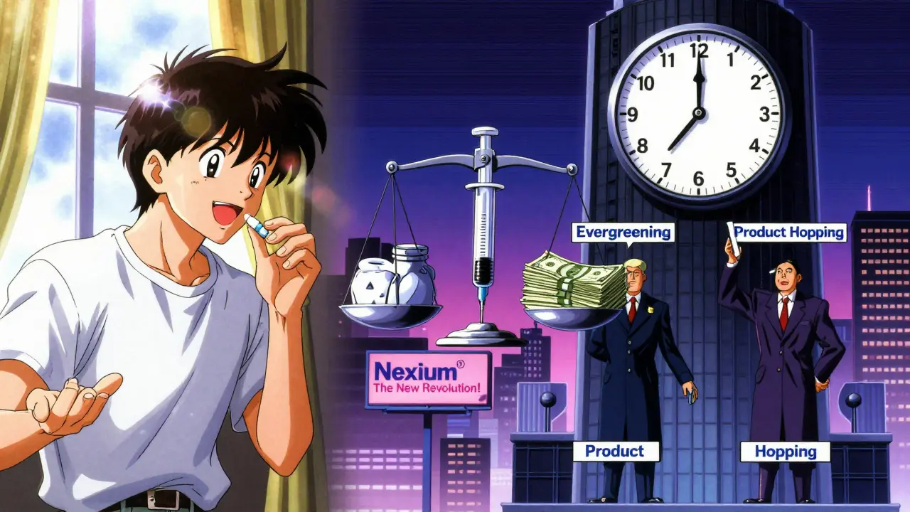 A patient takes a combo pill happily while corporate lawyers manipulate patents on a dark tower, in 80s anime style.