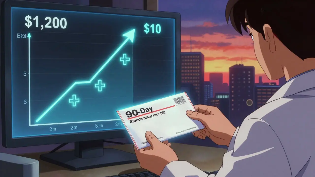 A pharmacist handing a patient a 90-day medication envelope, with split-screen visuals of expensive vs. low-cost drugs.