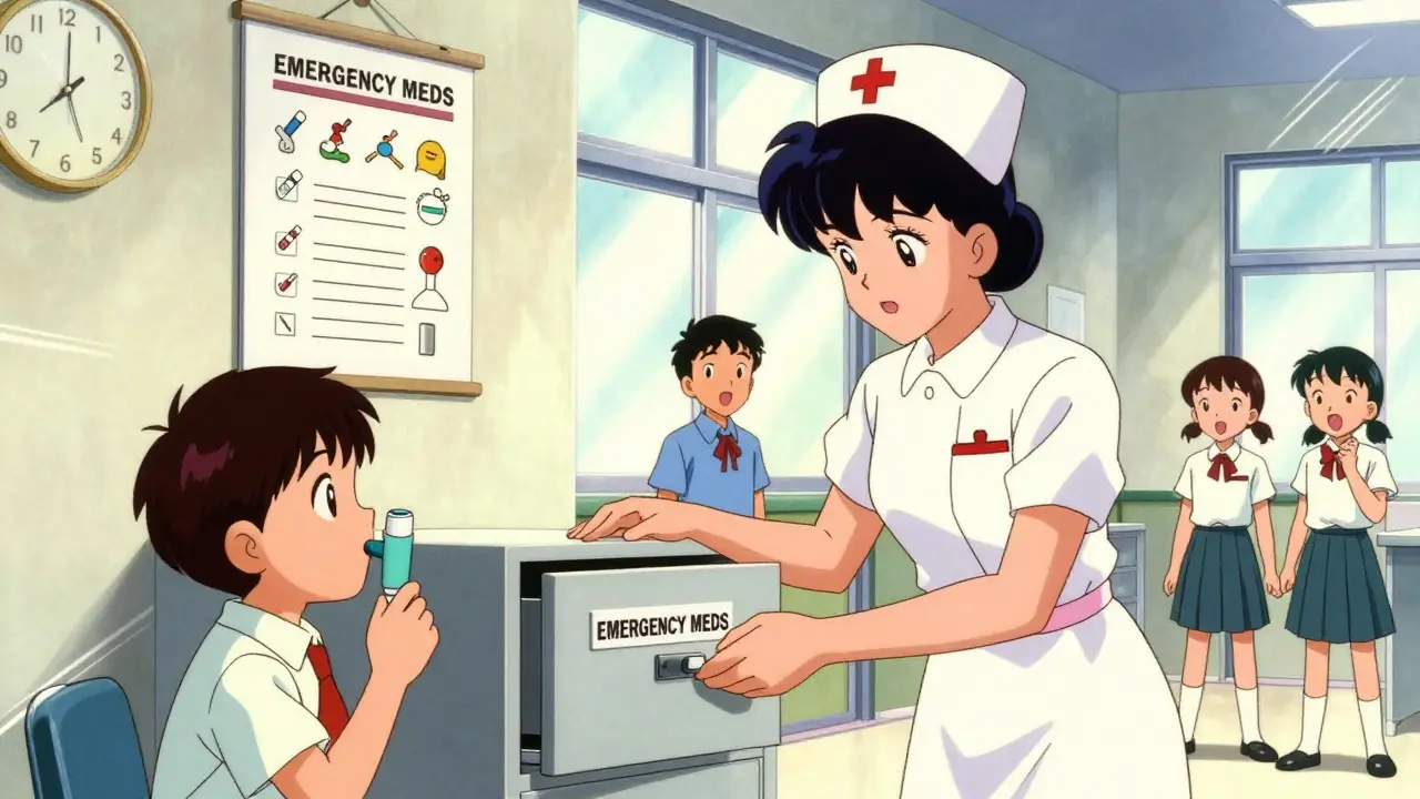 A school nurse opens a labeled emergency drawer in a sunlit office, with a child watching nearby and a checklist on the wall.