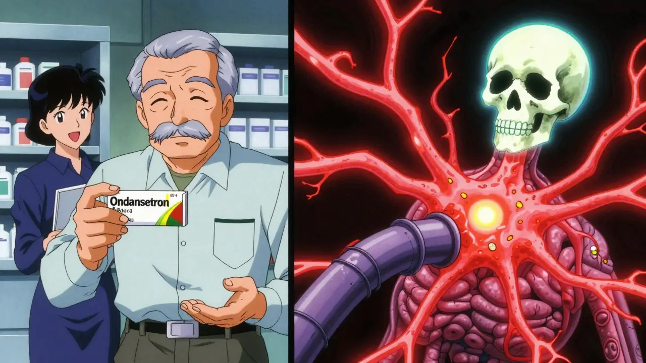 An elderly man in a retro-futuristic hospital, with one side showing normal care and the other showing dangerous serotonin overload inside his body.