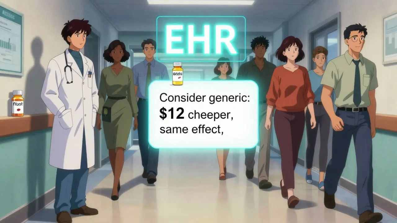 Doctor sees EHR pop-up encouraging generic prescribing as patients' shadows become healthier