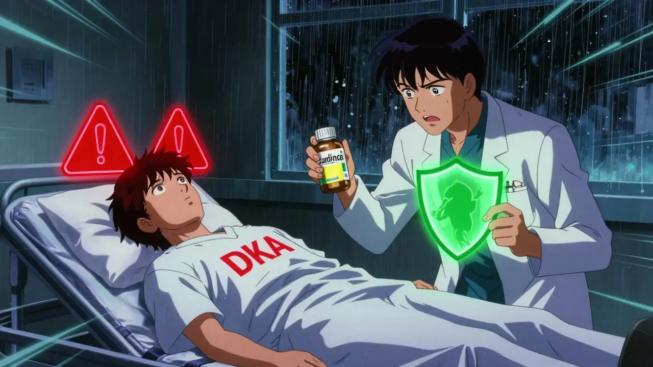 Hospital scene with DKA warning symbols and doctor holding protective pill bottle