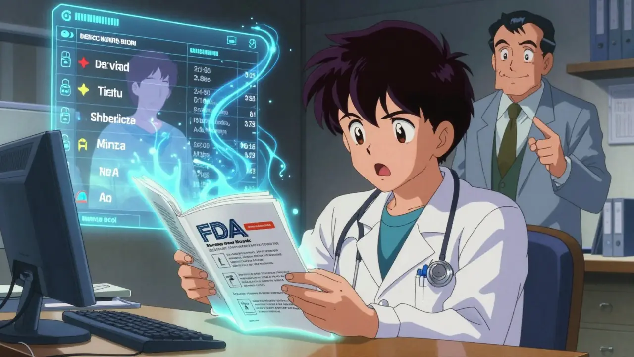 Medical student watching a glowing FDA Orange Book with data streams showing improved patient outcomes