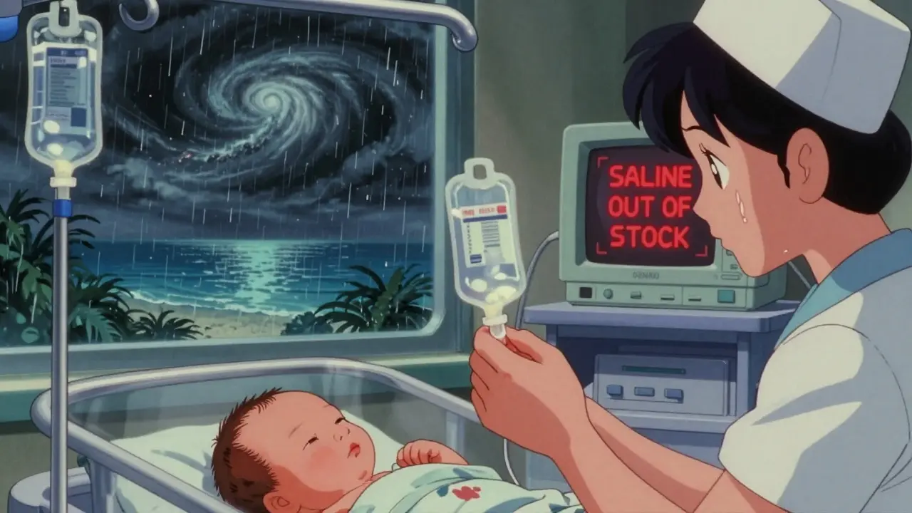 NICU nurses face empty IV bags as a hurricane rages outside, newborns in incubators.