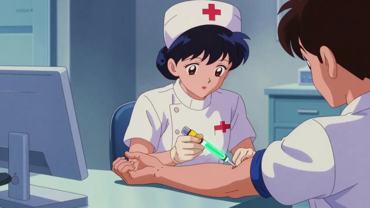 Nurse drawing blood for therapeutic drug monitoring