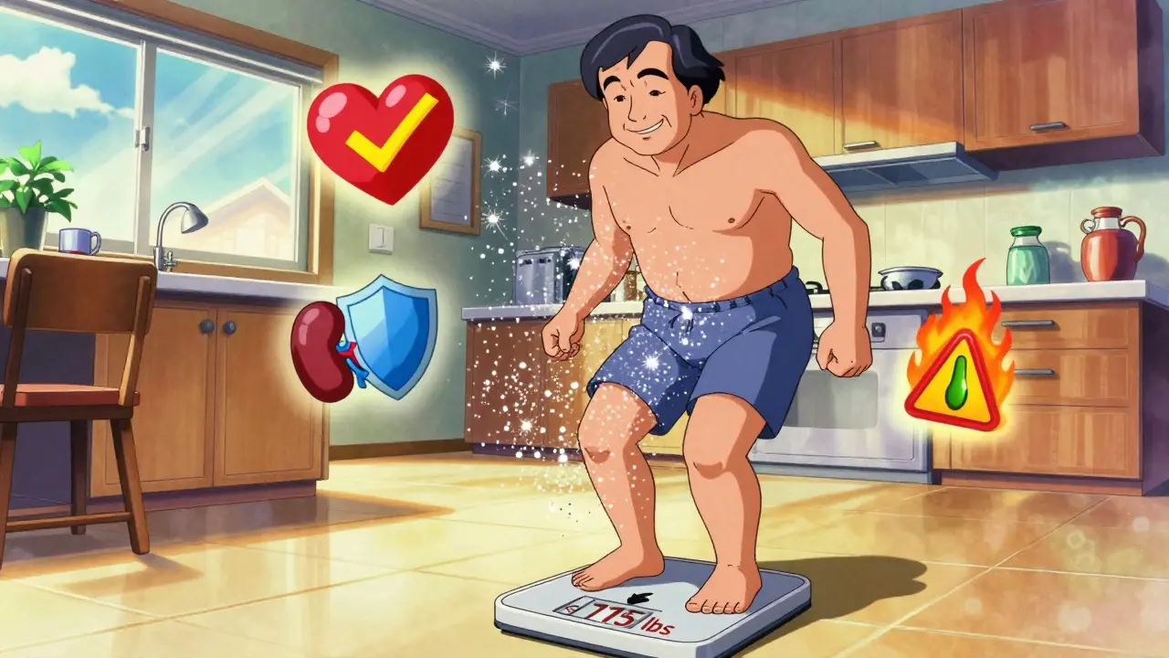 Patient losing weight with sugar particles floating away in 80s anime style