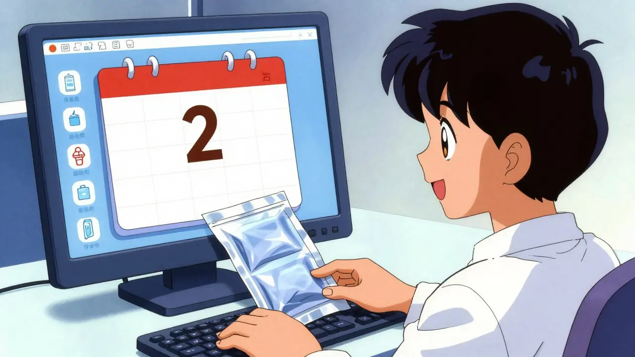 Patient setting up early refill with calendar and cold pack packaging for safety.