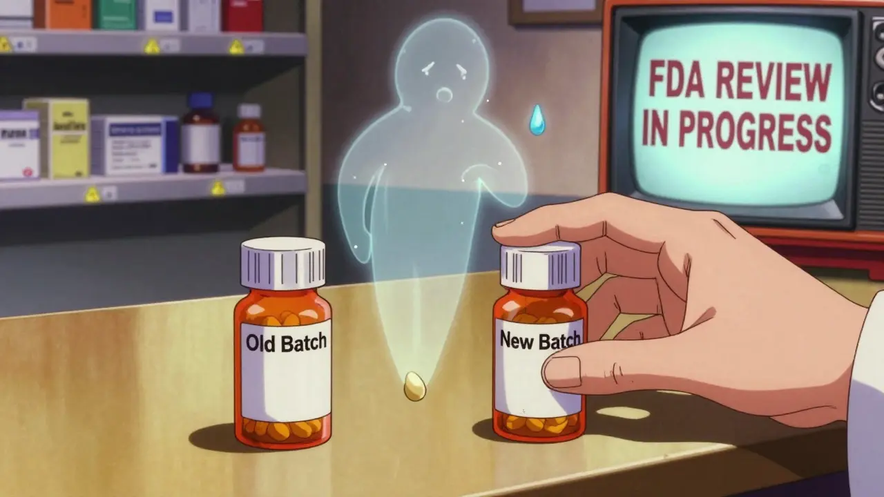Pharmacist comparing two pill bottles with dissolving tablet ghost image
