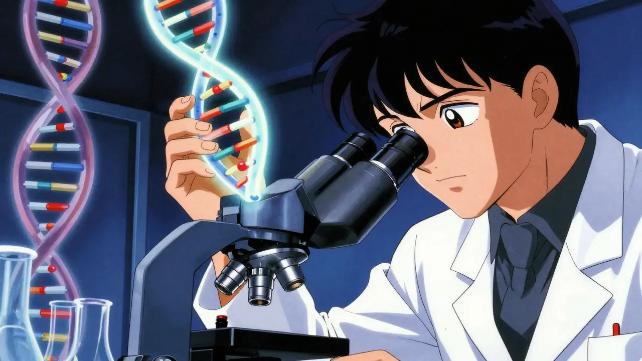Scientist examining glowing DNA strand for drug metabolism analysis