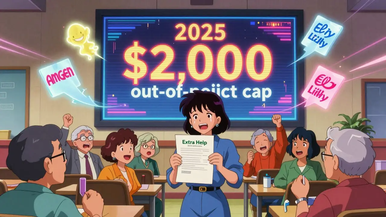 Seniors celebrating as a screen displays the ,000 out-of-pocket cap, with floating discount program icons around them.