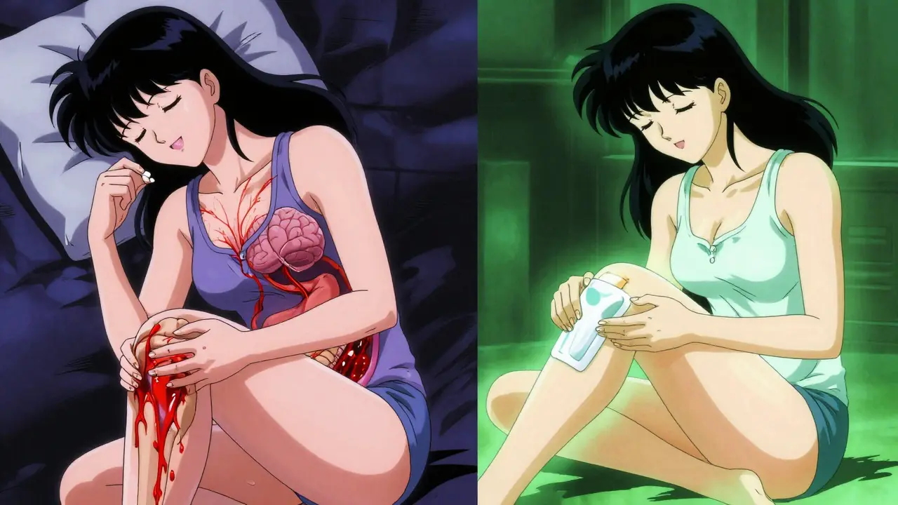 Split scene: woman taking naproxen with internal bleeding vs. using topical gel in peaceful green light.