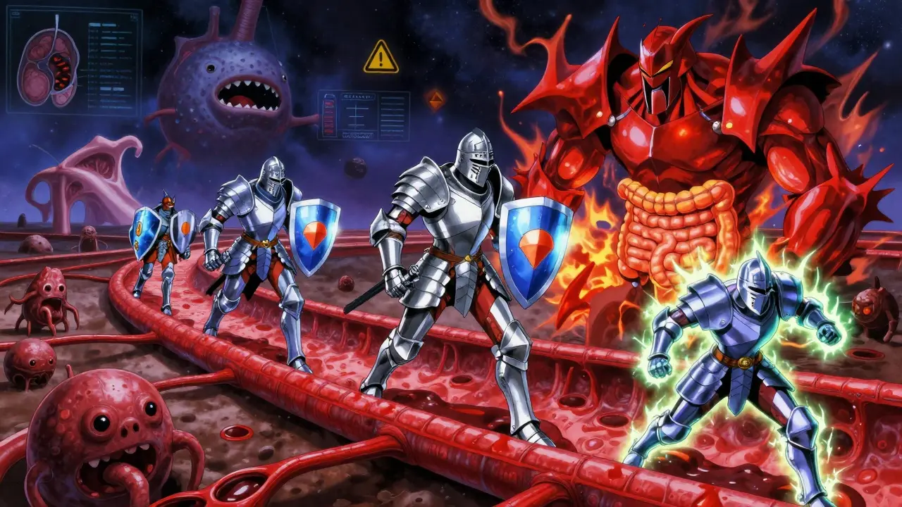 Surreal battle inside a blood vessel: apixaban and rivaroxaban knights defeat clot monsters, while dabigatran causes explosions.