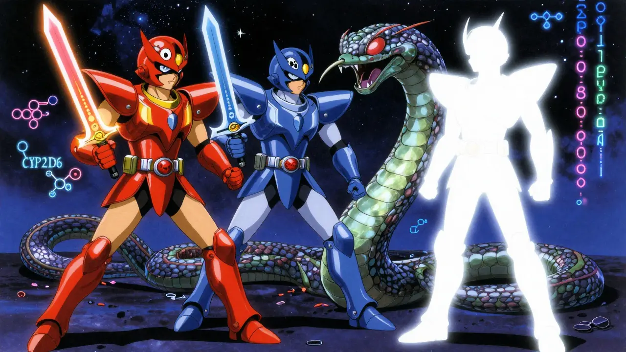 Three personified antiemetic drugs in 80s anime mecha armor fighting a serotonin serpent in a neural battlefield, with dexamethasone glowing safely.