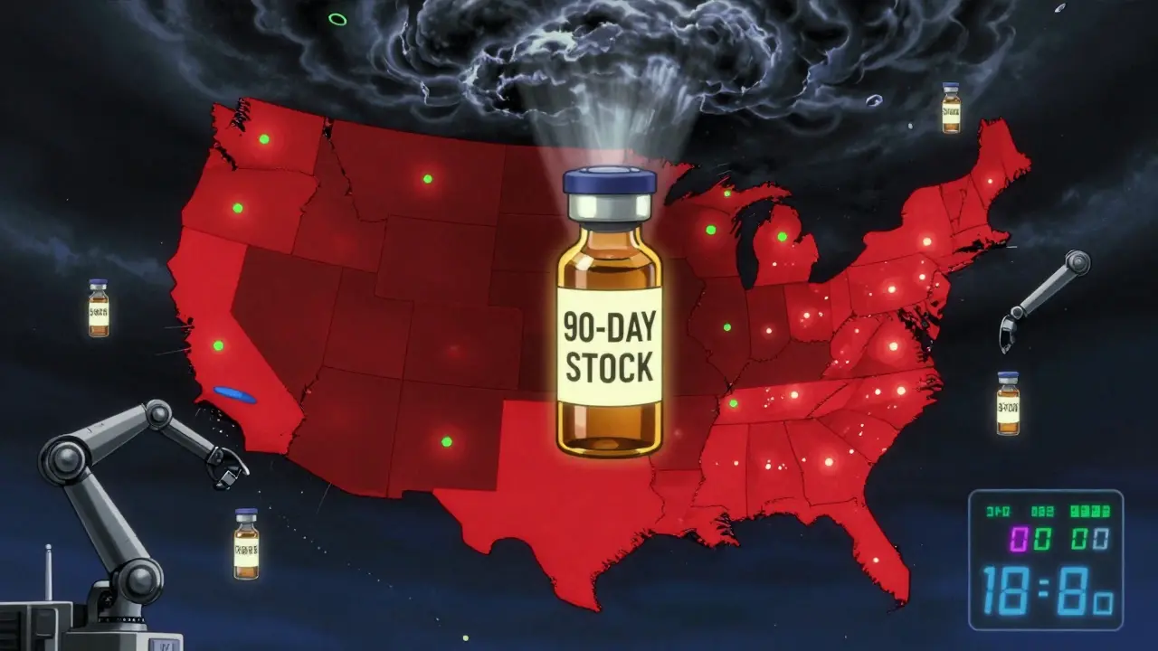 U.S. map shows drug supply hubs under storm threat, with resilient zones in green and one glowing vial labeled '90-day stock'.