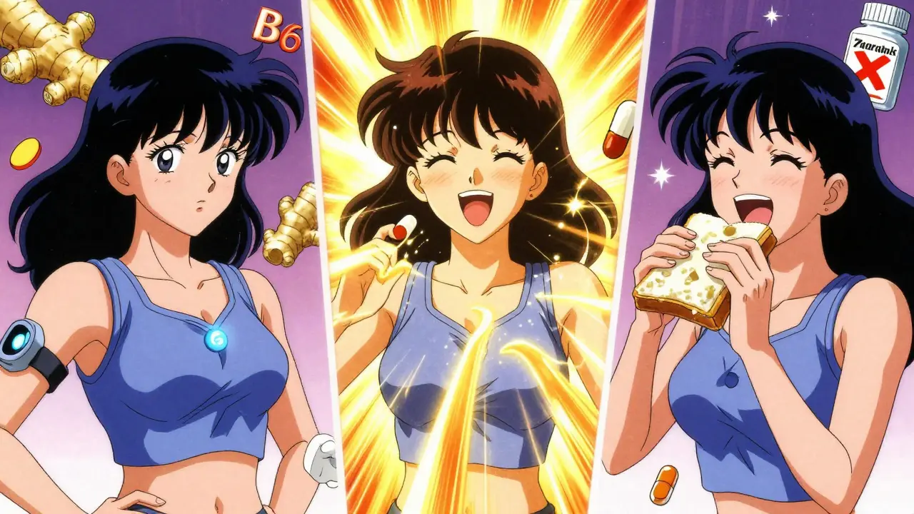 Woman relieved from morning sickness using acupressure bands and Diclegis, ginger and vitamins floating nearby