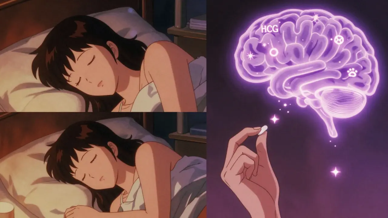 Woman taking doxylamine at night as abstract hormone symbols calm in her brain