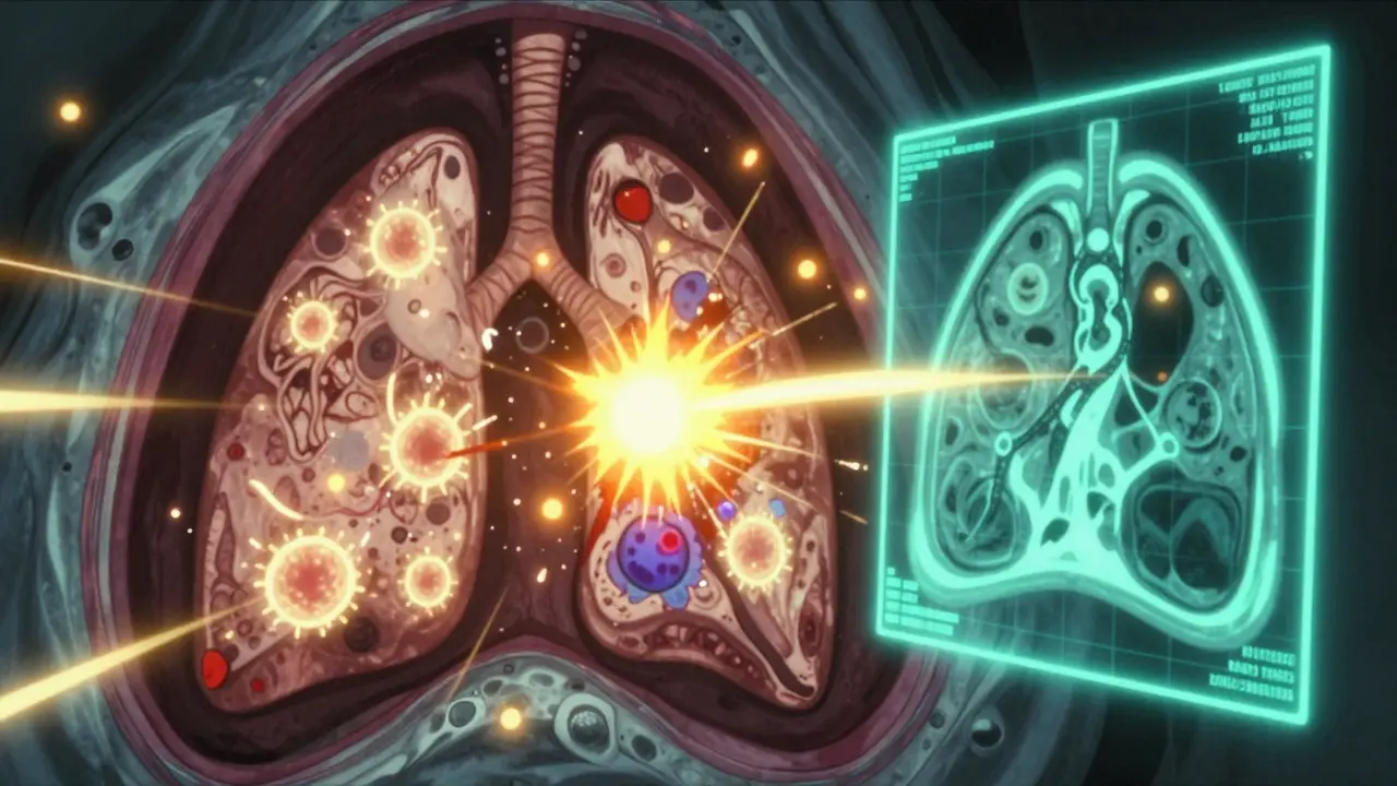 A glowing lung cross-section with inflammatory neutrophils damaging air sacs beside an MRI scan.