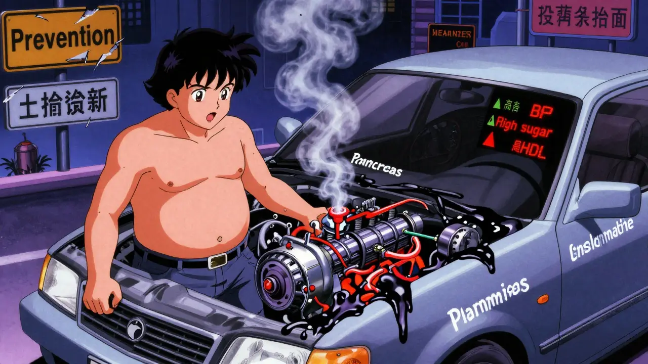 A human body depicted as a malfunctioning car with insulin as fuel, visceral fat as sludge, and warning lights for health markers.