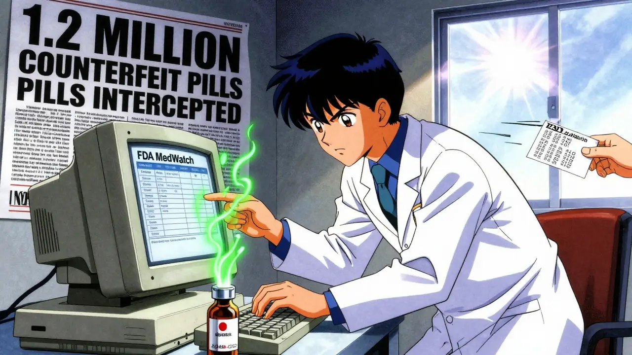 A pharmacist submits a counterfeit drug report on a vintage computer, with glowing data streams rising from the evidence