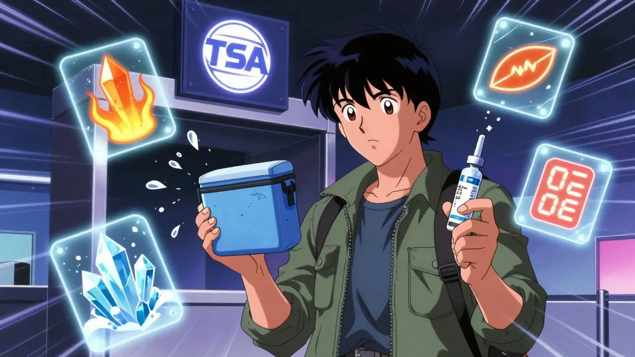 A traveler carrying an insulated insulin cooler at an airport security checkpoint.