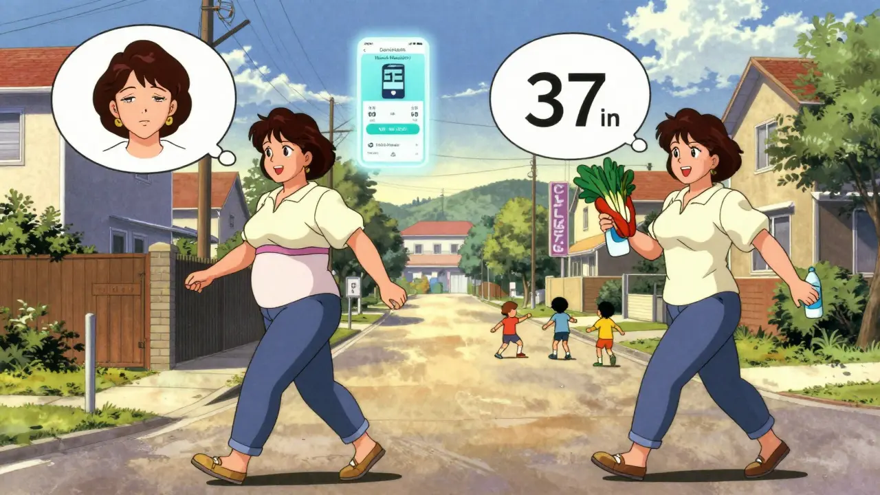 A woman walking with shrinking waistline in before-and-after anime bubbles, holding healthy food under a glowing health app.