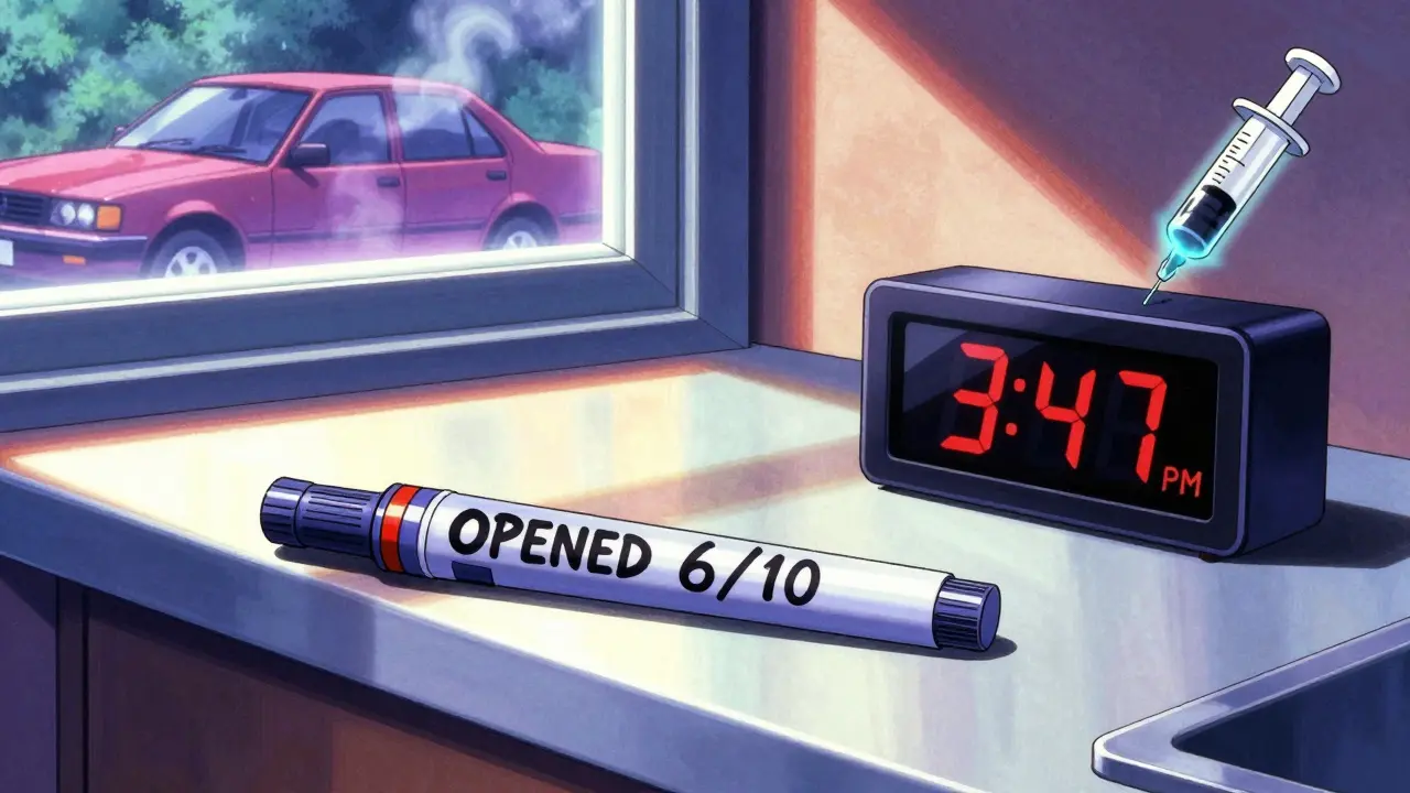 An opened insulin pen on a counter with sunlight and a hot car visible outside.