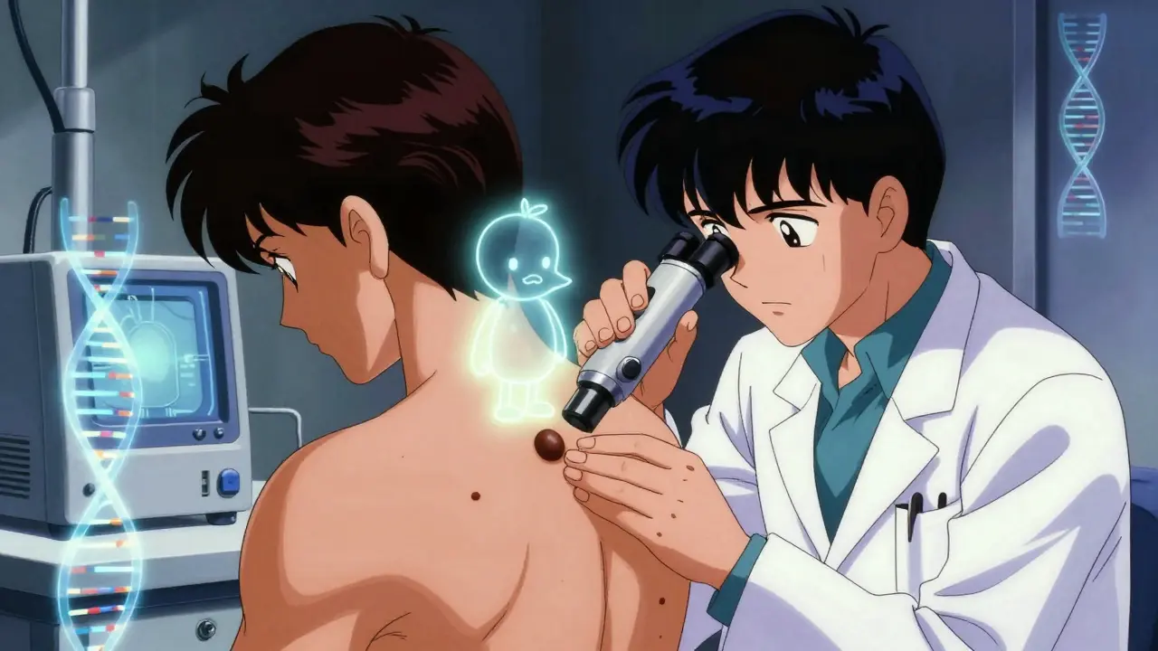 Dermatologist using dermoscope on a mole, one 'ugly duckling' mole standing out among others.