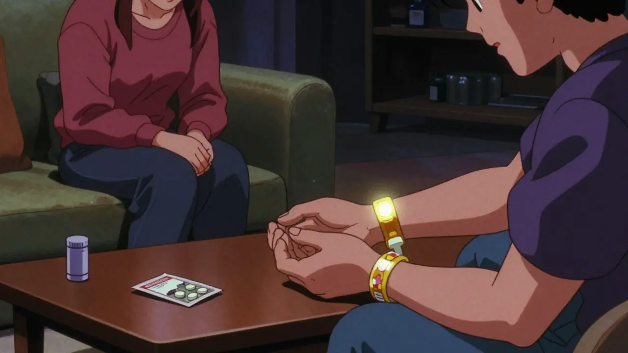 Friend watching over diabetic patient with medical bracelet and glucose tabs at night.