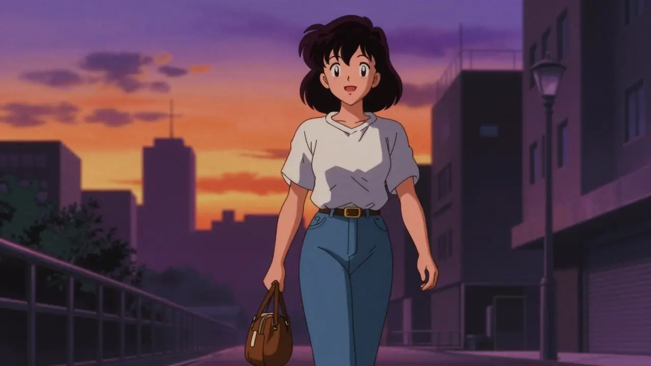 Happy patient walking down a city street at dusk with a bag.