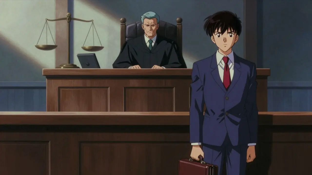 Judge overseeing nervous lawyer in federal courtroom