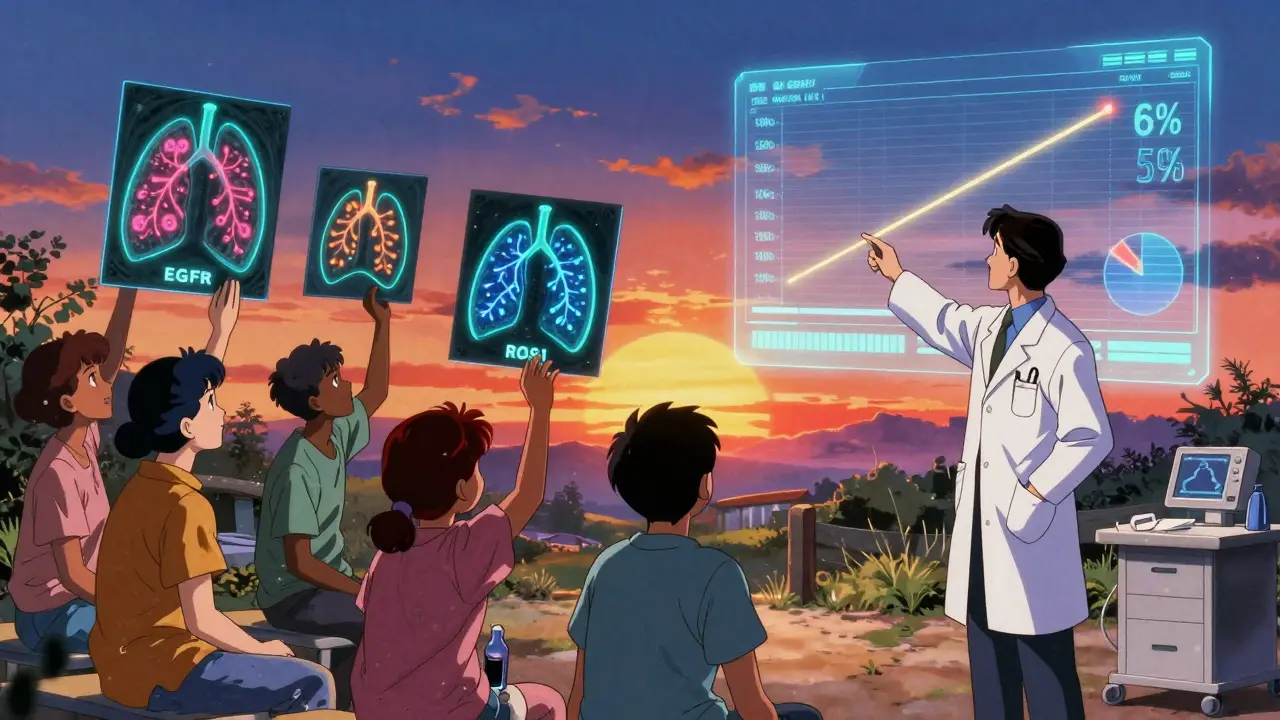 Patients and doctors viewing glowing genetic mutation maps of lung cancer in a retro-futuristic clinic setting.