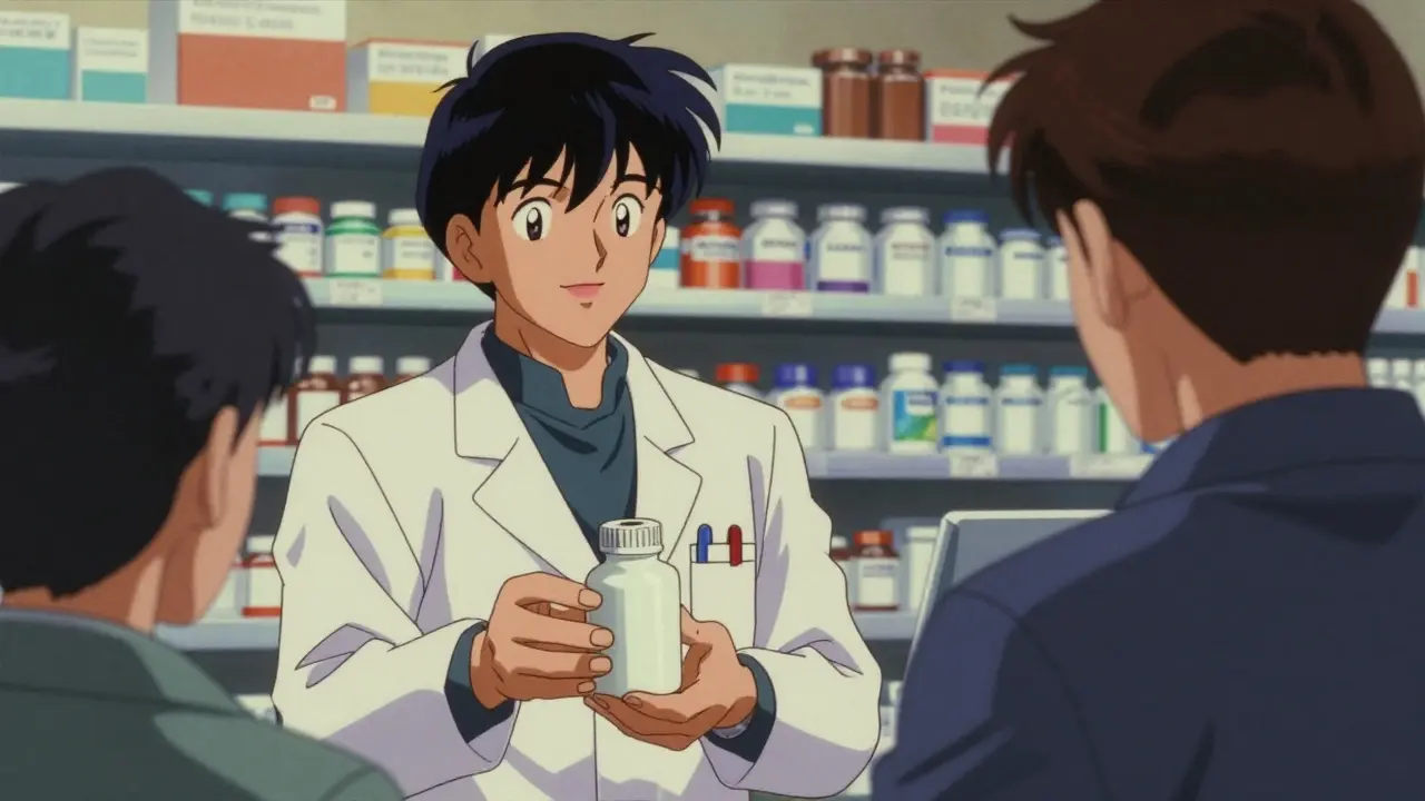Pharmacist handing a plain medication bottle to a smiling patient.