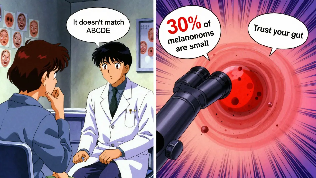 Split scene: person hesitating vs. mole revealed as cancerous under dermoscope and AI analysis.