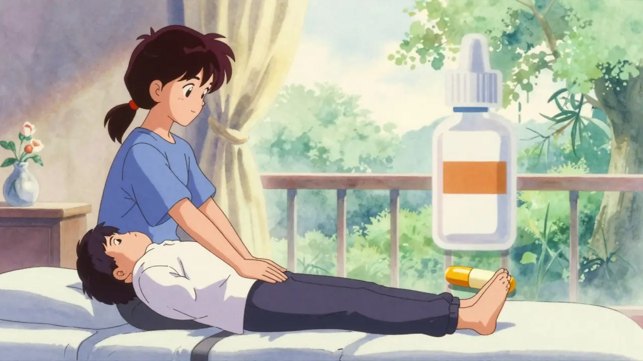 80s anime scene showing a patient using physical therapy and a holistic approach to pain.