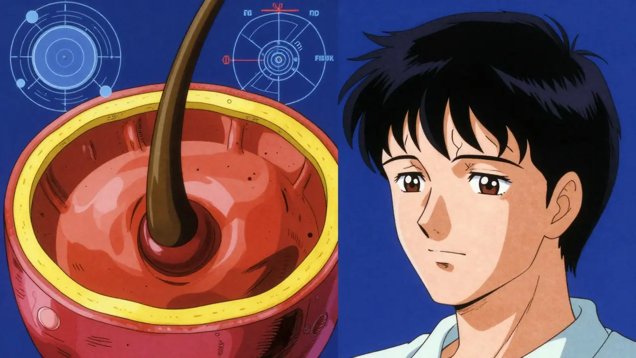 80s anime style diagram showing hair follicle resting phase and excess hair growth