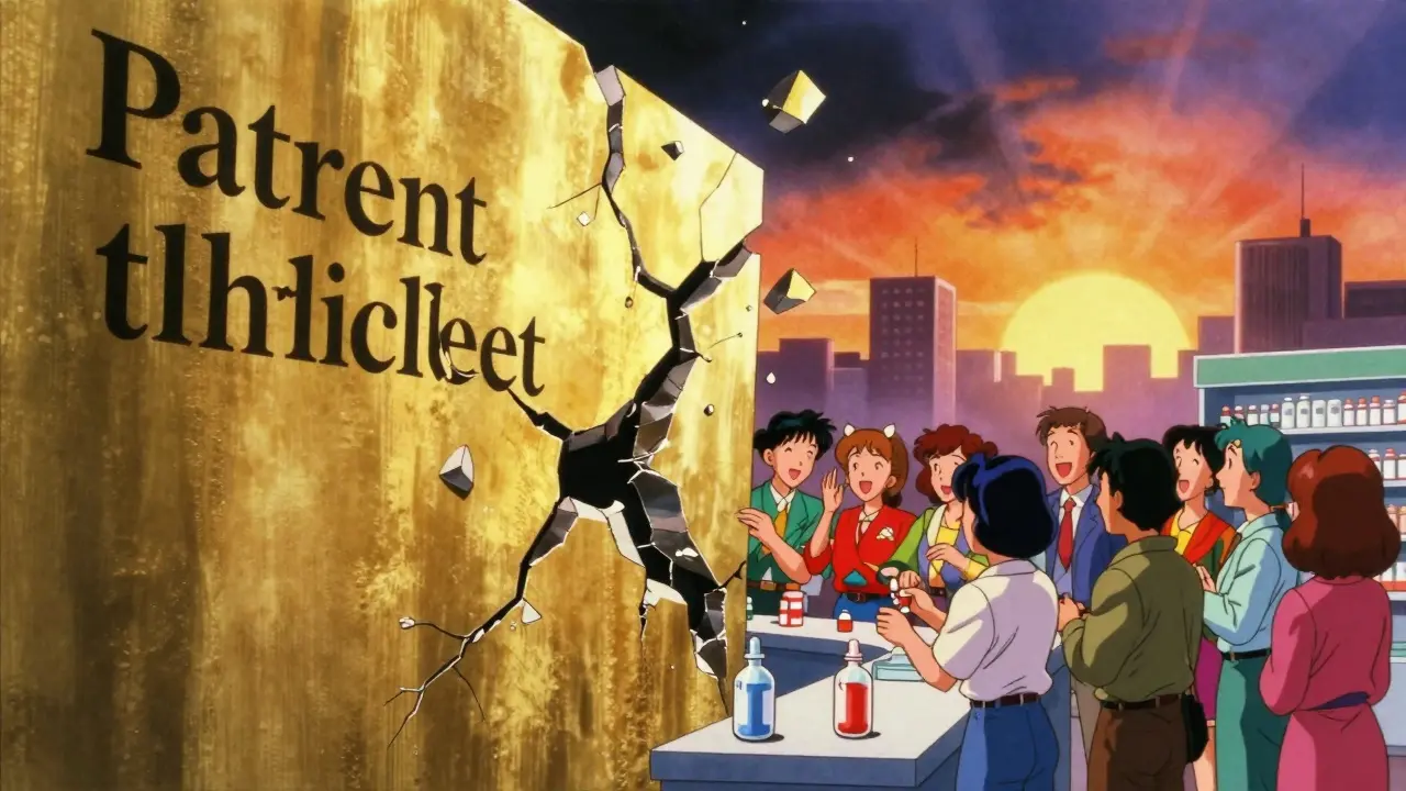 80s anime style golden wall crumbling to provide affordable medicine to the public.